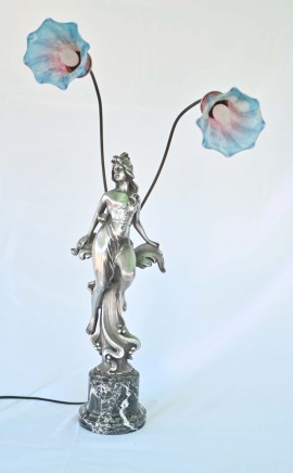 Art Nouveau Figurine Lamp - Pewter Table Light