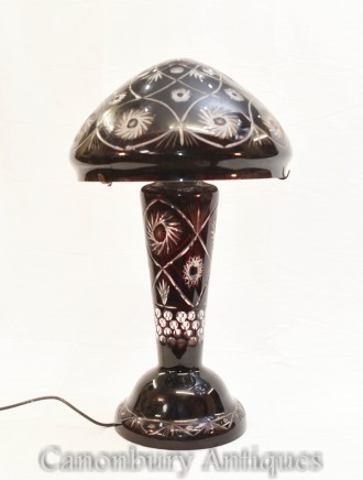 Art Nouveau Table Lamp - Mushroom Ruby Glass Light