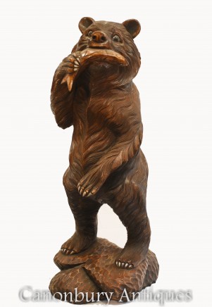 Black Forest Bear and Salmon Carved Statue Brown American Hunting Lodge