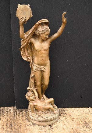 Bronze Bacchus Statue Cherub Tambourine Figurine Classical Roman