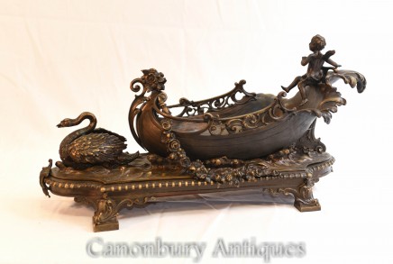 Bronze Cherub Boat Centrepiece - French Swan Vase Casting
