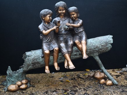 Bronze Children Tree Stump Garden Statue