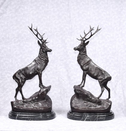 Bronze Stags Signed Moigniez Pair Stag Moose Elk Statues