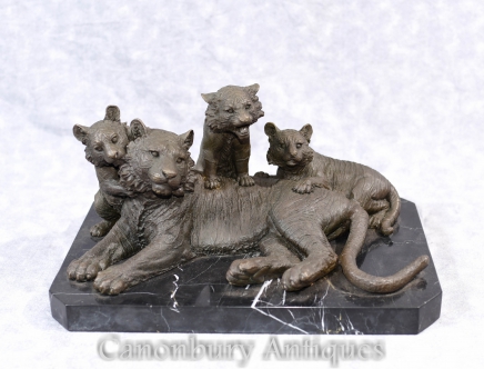 Bronze Lion Statue - Tiger and Cubs Animals Casting