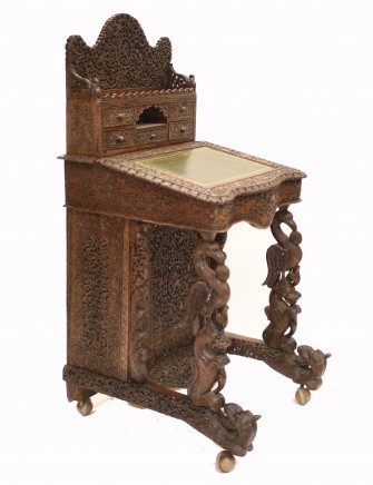 Burmese Davenport Desk Antique Hand Caved Burma Furniture 1885