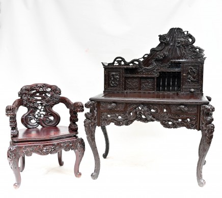 Carved Japanese Desk and Chair Set Bureau 1880