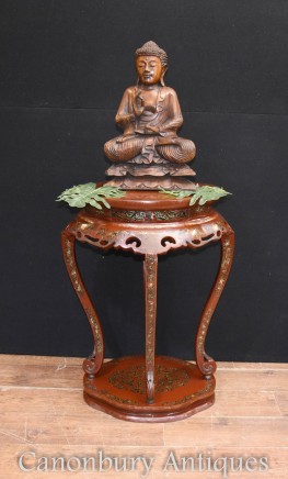 Chinese Pedestal Stand Table in Cinnabar Lacquer Chinoiserie