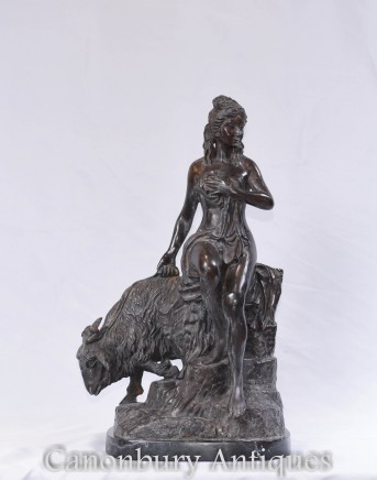 Classical Bronze Maiden Statue - Italian Goat Figurine Sculpture