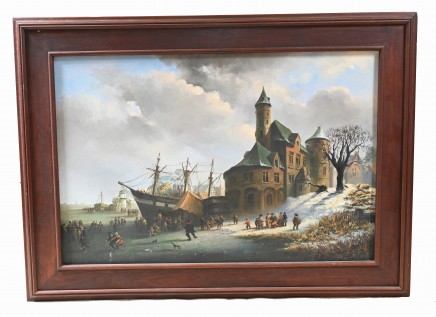 Dutch Oil Painting Iced River Landscape Skaters Holland