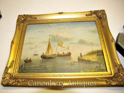 Dutch Oil Painting Sea Scape Two Sail Boats Signed