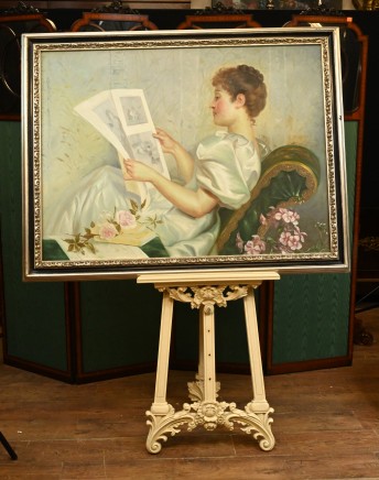 Edwardian Oil Painting Reading Lady Portrait English Art