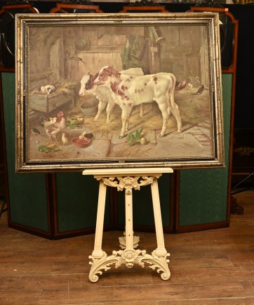 Farmyard Scene Oil Painting Victorian Art Calf Hen Animals