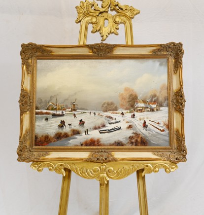 Flemish Oil Painting Winter Snow Landscape Gilt