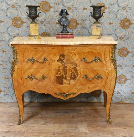 French Antique Commode Bombe Chest Drawers Inlay 1870