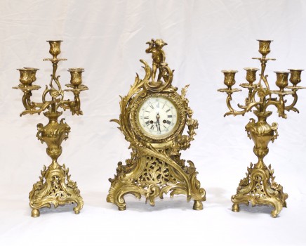 French Antique Gilt Clock Set - Cherub Garniture