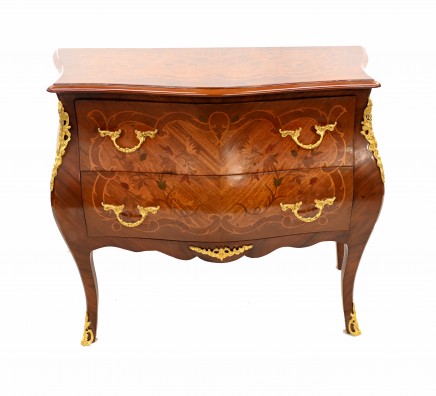 French Bombe Commode Marquetry Inlay Chest Drawers