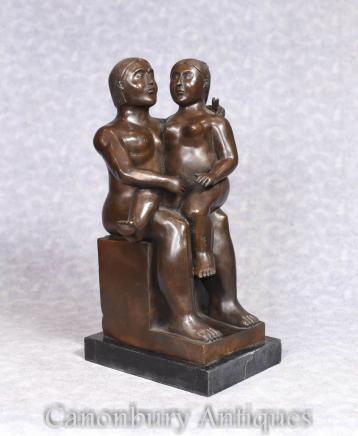Bronze Mother Child Statue Modernist Art Signed Pompon