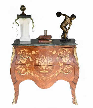French Commode Bombe Chest Drawers Marquetry Inlay