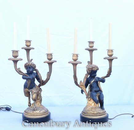 French Empire Cherub Candelabras after Clodion Fawn