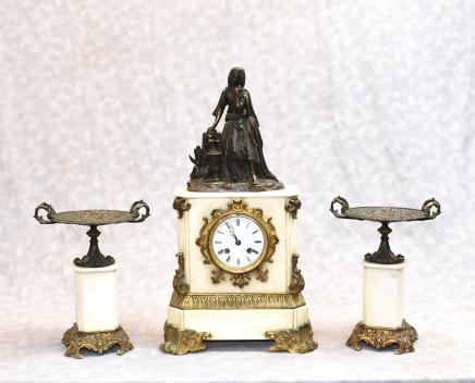 French Mantel Clock - Empire Marble Ormolu Set Bronze Figurine