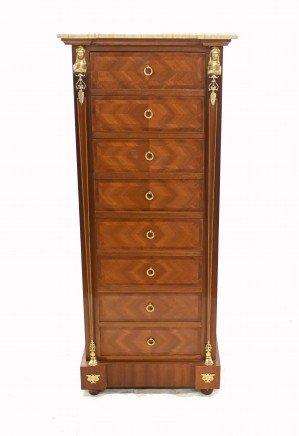 French Empire Tall Boy Chest of Drawers Kingwood Inlay Marquetry