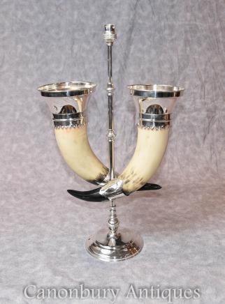 French Horn Cornucopia Table Lamp Light Silver Plated 1920