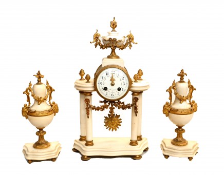 French Marble Cock Set Garniture Urns 1890 Sunburst Pendulum