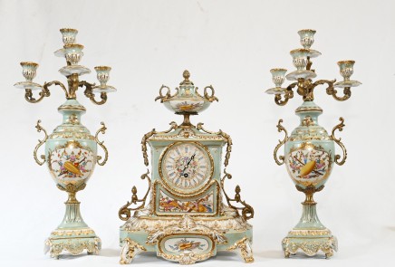 French Porcelain Clock Set Garniture Sevres Candelabras
