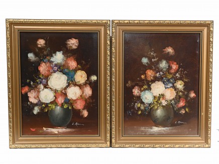 French Still Life Oil Paintings Pair Floral Art Gilt Frame