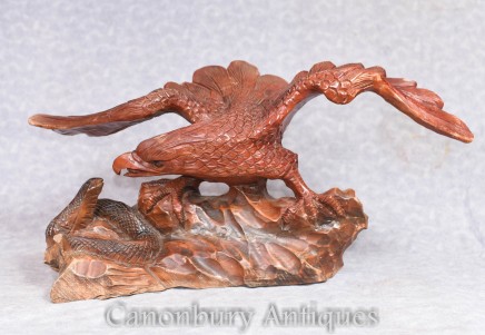 Hand Carved Eagle and Snake Statue Carving Bird Reptile Battle