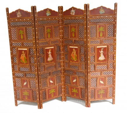 Lacquer Painted Indian Folding Screen Room Divder 1920