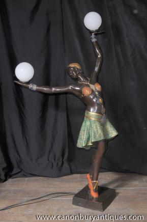 Large French Bronze Art Deco Dancer Light Lamp Figurine Statue