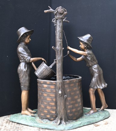 Large Bronze Bucket Fountain Boy Girl Statue Water Feature