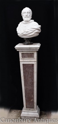 Marble Bust Sir Walter Raleigh - Hand Carved Italian Marble Elizabethan Statue