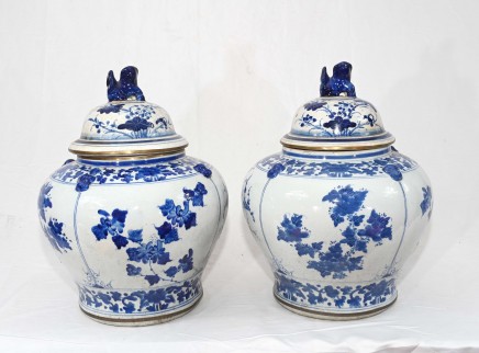 Nanking Porcelain Temple Jars Lidded Blue and White Urns
