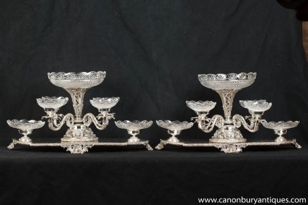 Pair  Silver Plate Centrepieces - Sheffield Epergne Glass Dishes