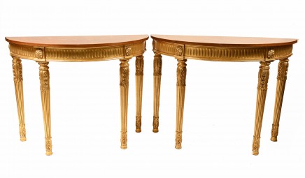 Pair Adams Console Tables Gilt Base Marquetry Inlay