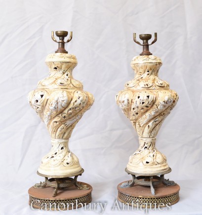 Pair Antique Art Nouveau Porcelain Table Lamps French Lights