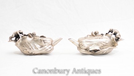 Pair Antique Chinese Tea Pots 1930 Cantonese Pewter