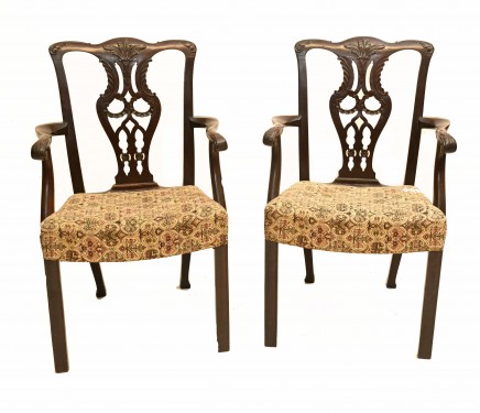 Pair Antique Chippendale Chairs Mahogany Accent 1890