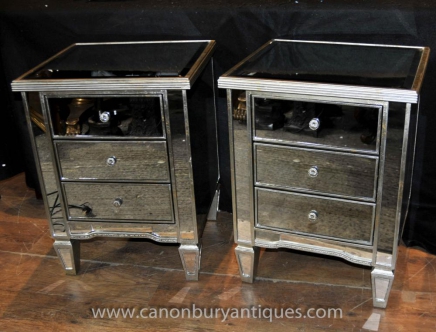 Pair Art Deco Mirrored Bedside Chest Drawers Tables Nightstands