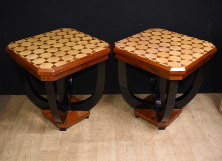 Pair Art Deco Side Tables Hexagonal Inlay Furniture