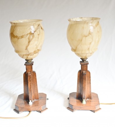 Pair Art Deco Table Lamps Lights Alabaster Shades