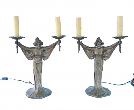 Pair Art Nouveau Bronze Candelabras - Female Figurine Table Lights