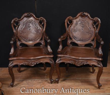 Pair Art Nouveau French Hard Wood Arm Chairs