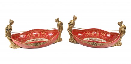 Pair Art Nouveau Porcelain Dishes Ormolu Maidens