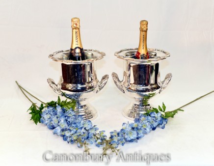 Pair Art Nouveau Silver Plate Urns - Wine Champagne Cooler