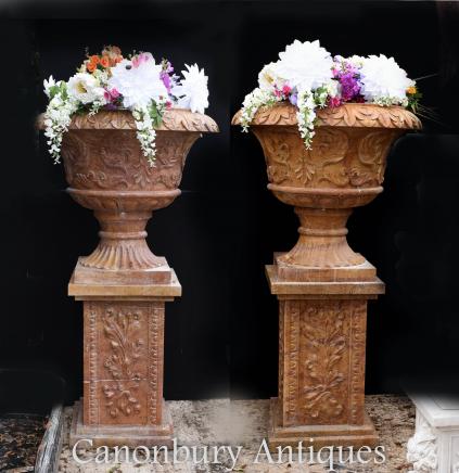Pair Big Italian Marble Tuscan Garden Urns on Pedestals
