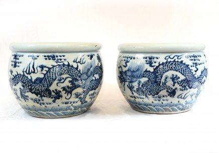 Pair Blue And White Porcelain Urns Chinese Nanking Dragon Planters