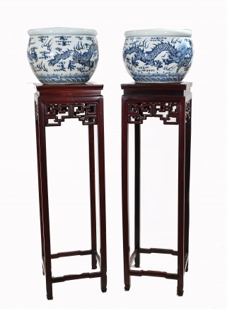 Pair Blue and White Porcelain Fish Bowls Chinese Nanking Urns